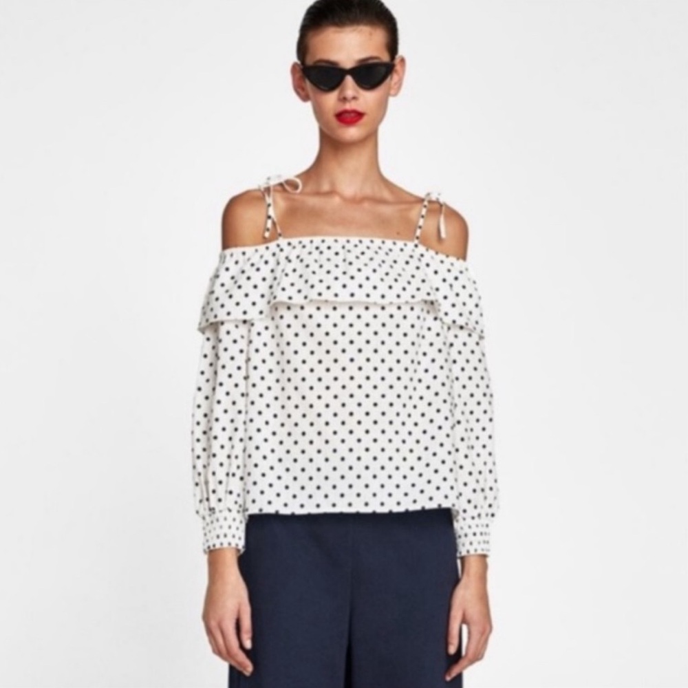 ZARA White & Black Polka Dotted Off The Shoulder Linen Blended Blouse Sz Sm NEW